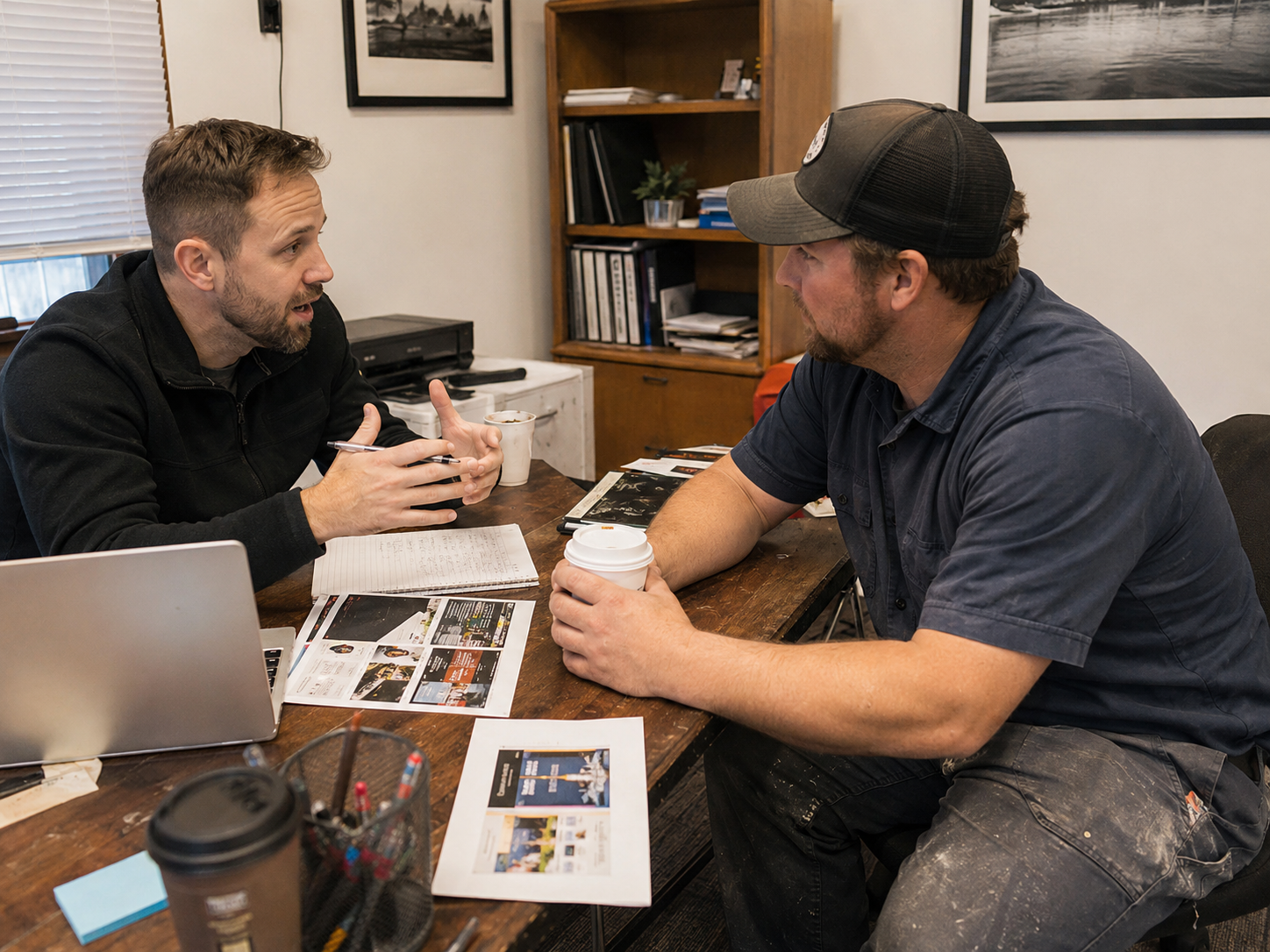 A one-on-one RiotScale planning conversation reviewing website and campaign notes.